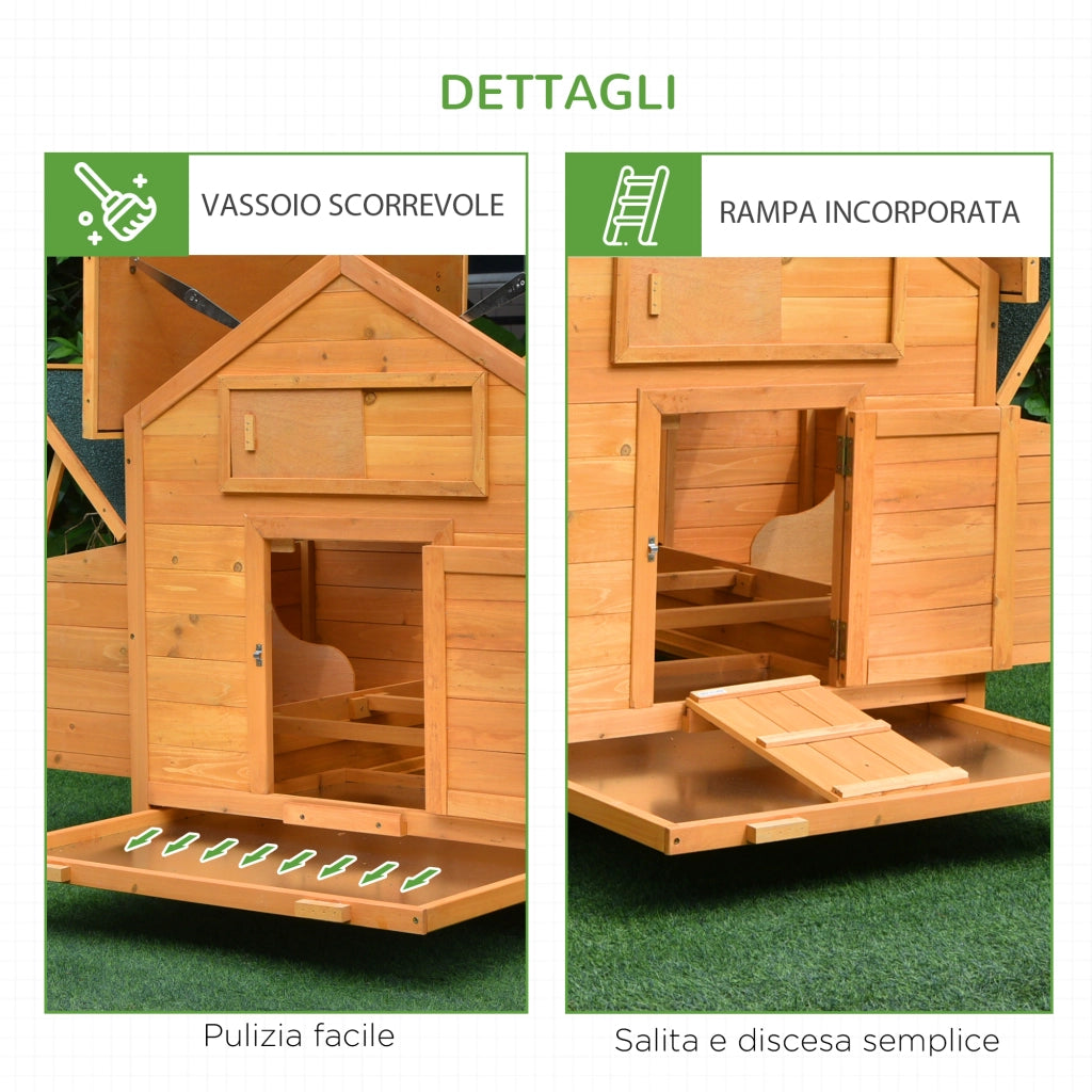 EasyComfort Pollaio Gabbia Ovaiole per Galline da Giardino con 2 Cassetti, Nido e Tetto da Esterno Impermeabile in Legno, 150x100x96.5 cm