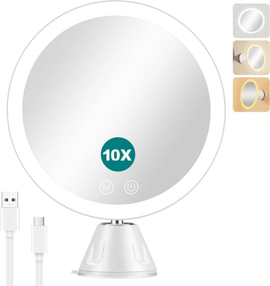 Pacchetto di 10 specchi per trucco con luce LED, specchio da bagno portatile, specchio, clip, rotazione 360 gradi, bianco