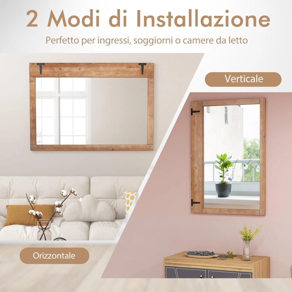 Specchio da Parete Stile Fattoria, 100 x 70 cm Specchio Decorativo Rettangolare da Parete con Cornice in Legno, per Bagno Soggiorno Camera da Letto, Verticalmente o Orizzontalmente