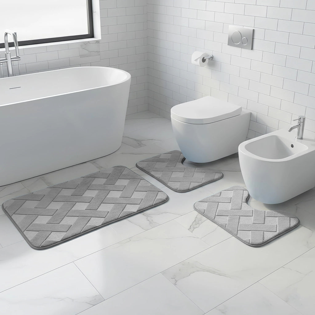 Set 3 Tappeti Bagno WC e Bidet Effetto Memory Morbidi Antiscivolo 1 Tappeto 45x75 cm 2 Tappeti 45x40 cm  Assorbenti,Lavabili Design Moderno Grigio