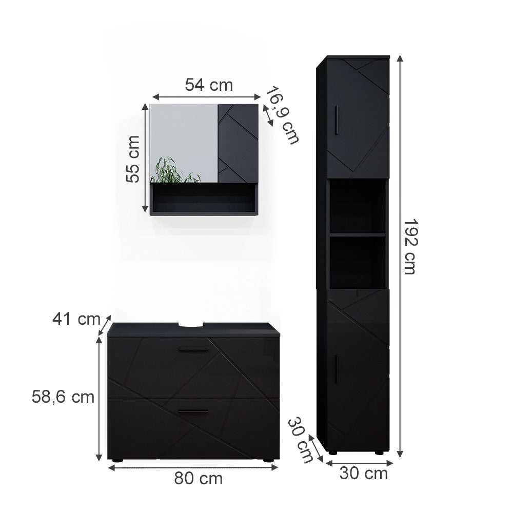 Vicco Set mobili bagno Antracite lucido 3 parti, con cassettiera e colonna