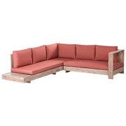 Set Lounge da Esterno con Divano Angolare Sinistro a 5 Posti in Legno di Acacia Certificato Chiaro con Cuscini Rossi e Tavolino Laterale