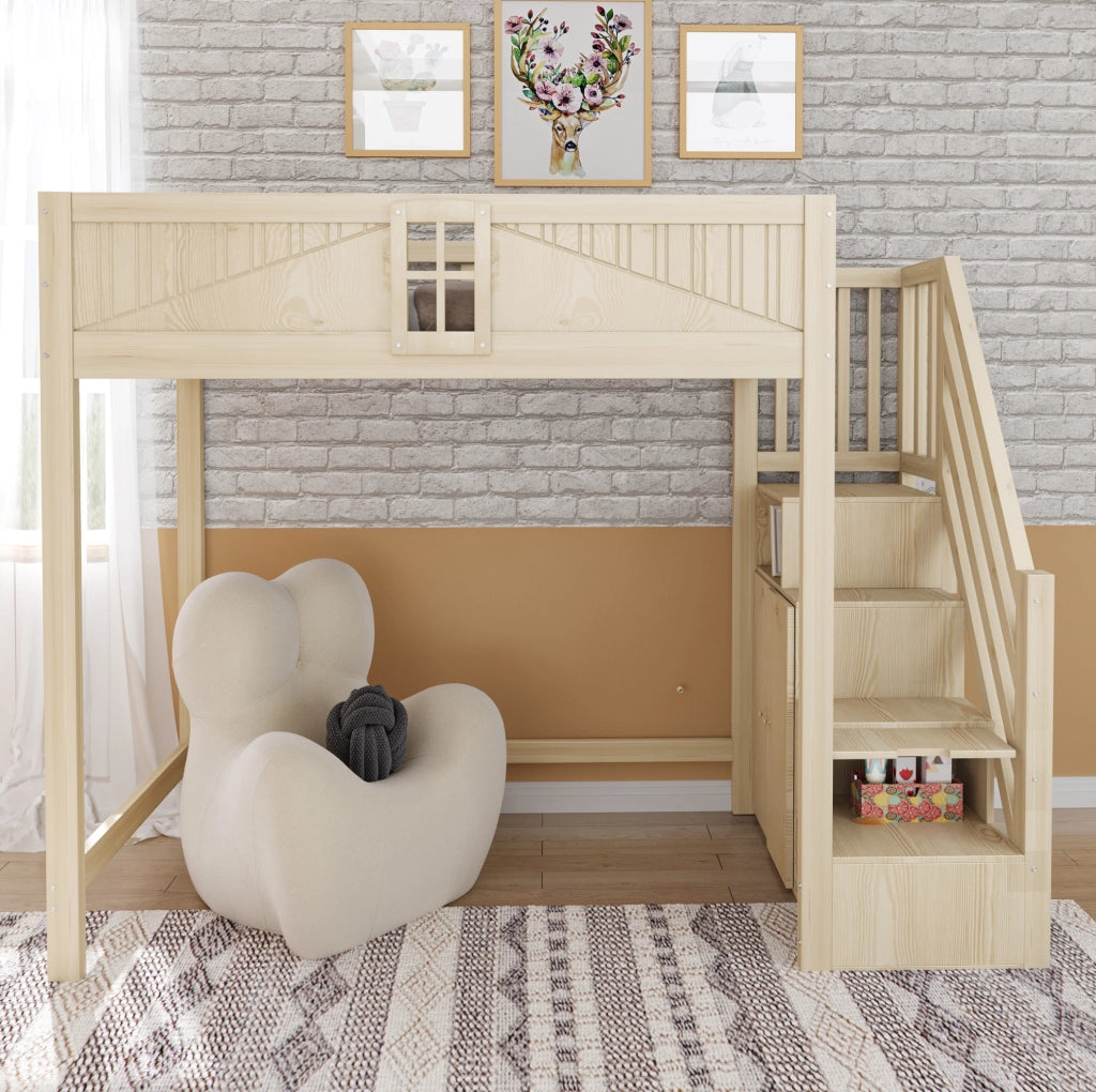 Letto a soppalco 90x200 cm in legno massello con scala reversibile e vano laterale