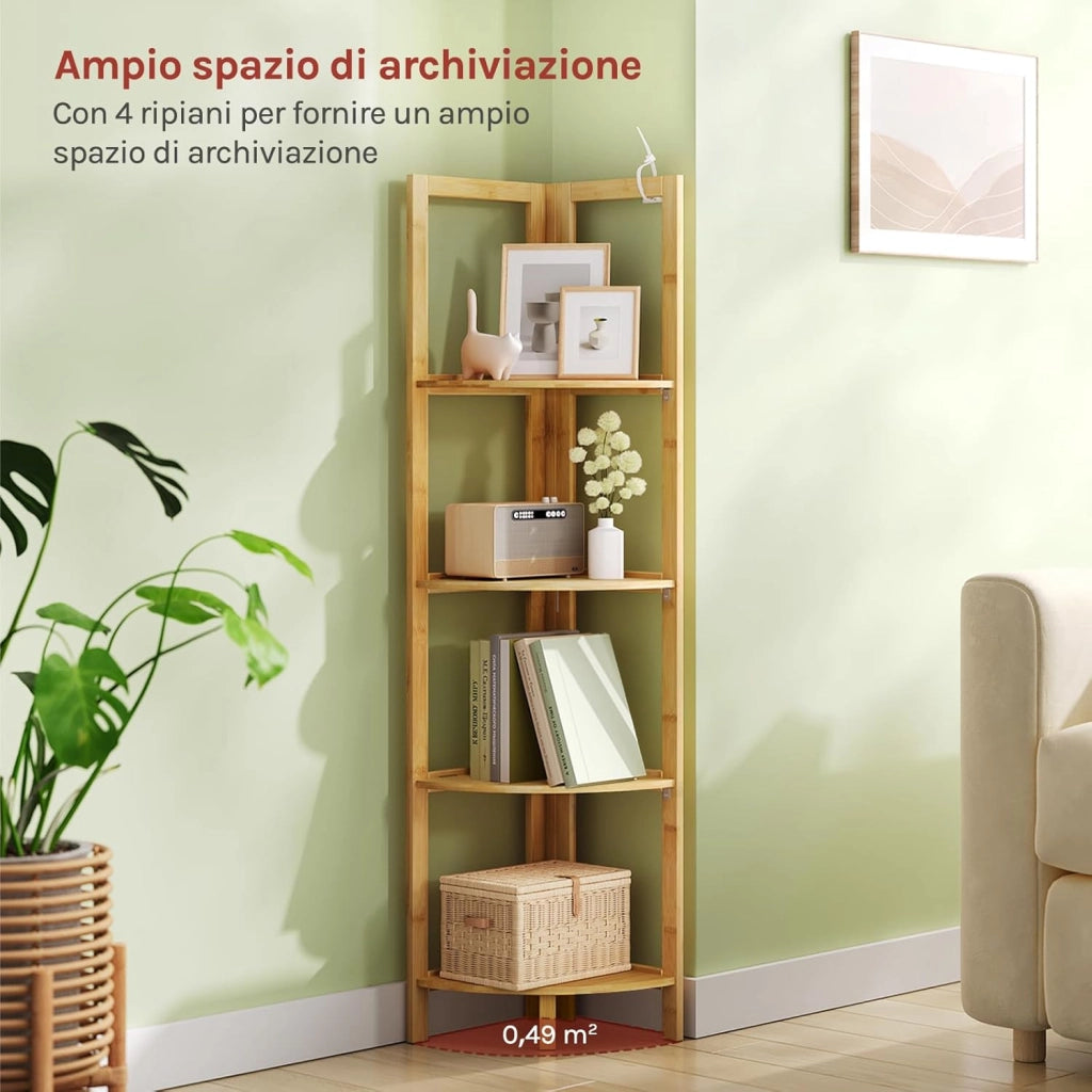 Mobiletto Bagno in Bambù a 4 Livelli, Scaffale Angolare Pieghevole, per Bagno, Cucina, Soggiorno, Bambù Naturale, 27x27x120 cm