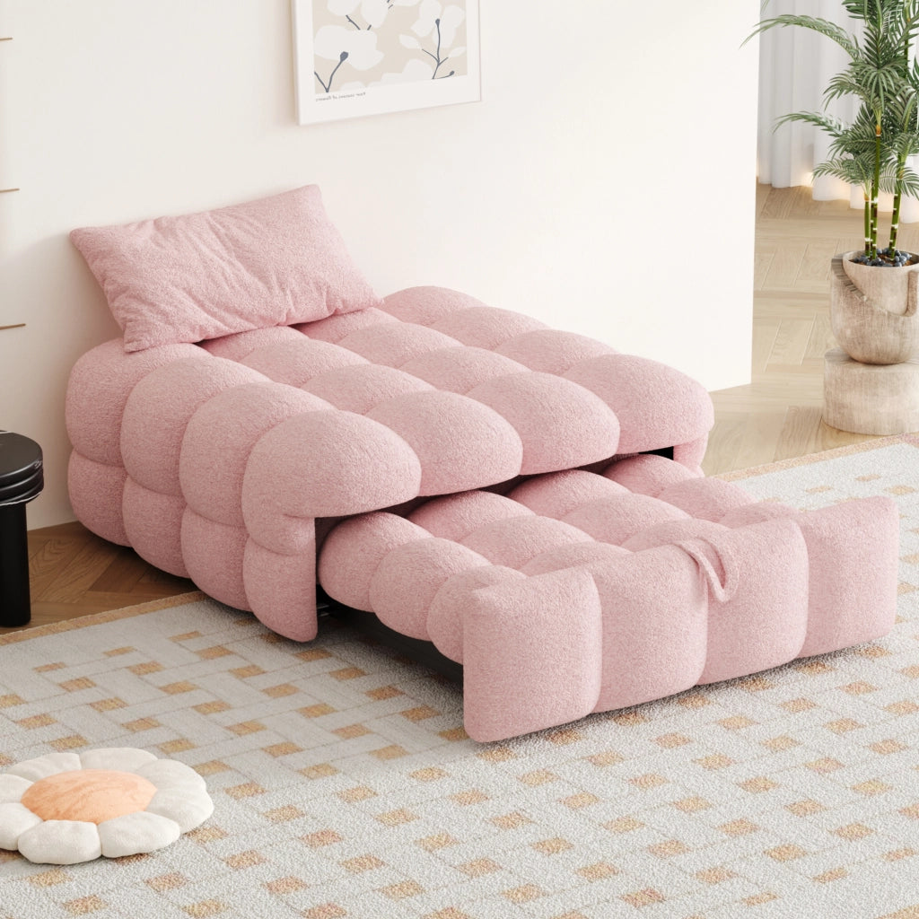 Divano Letto 1 Posto Convertibile 2 in 1 con Poggiapiedi; Rivestimento Teddy; Struttura Metallo Legno; Rosa