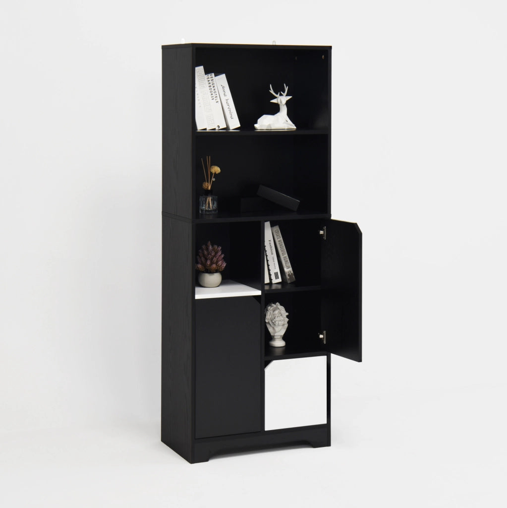 Libreria con 2 ripiani aperti e anta; 60x35x160 cm; truciolare nero