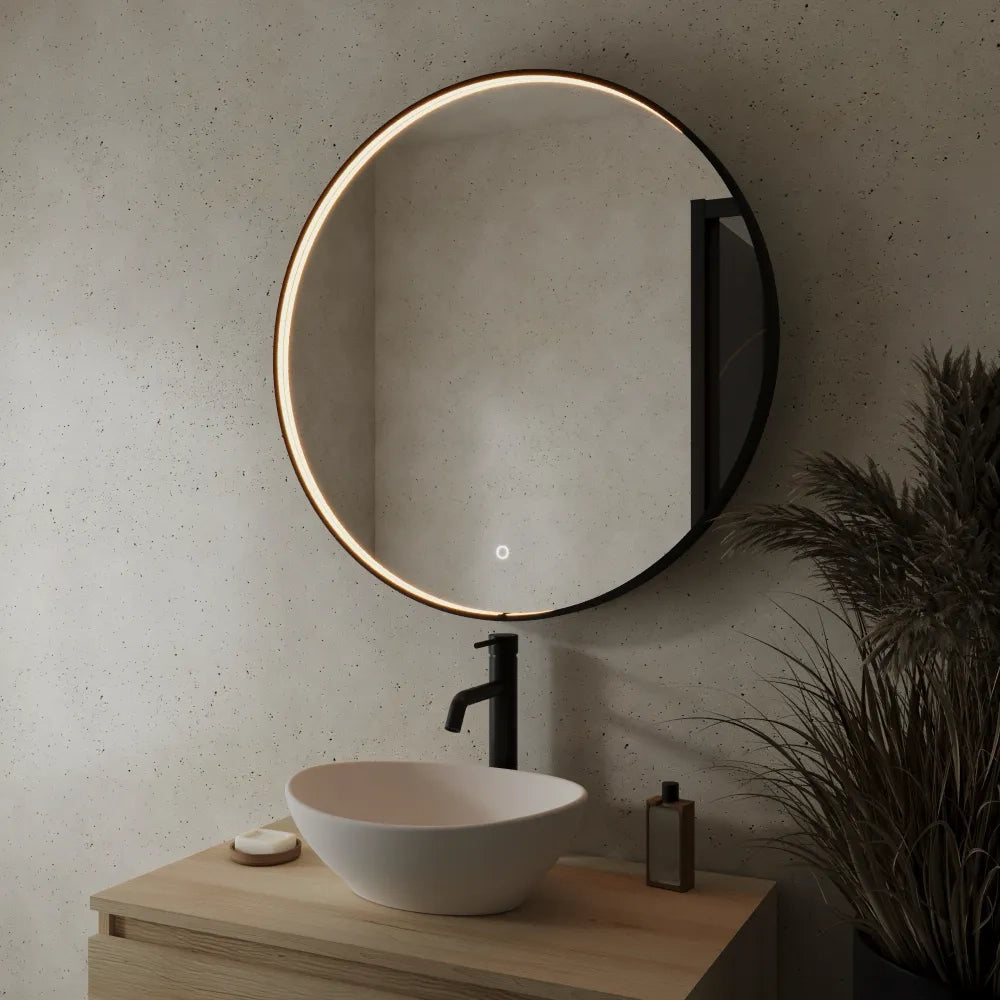 Specchio led 100cm con cornice nero opaco luce calda, neutra, fredda e funzione anti-appannamento | Baten