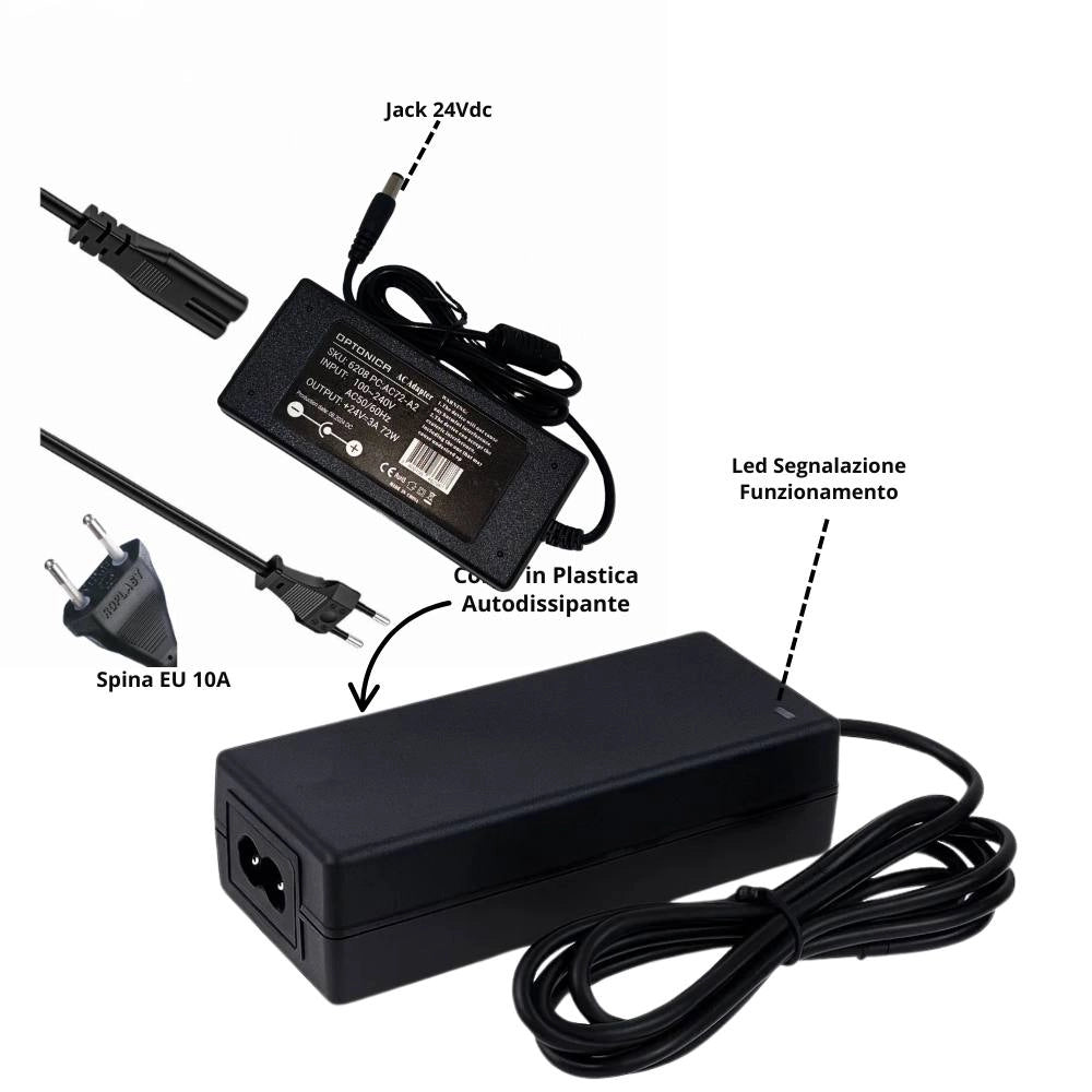 Optonica alimentatore led 24v per interni nero 3 anni di garanzia inclusa *** potenza 72w, confezione 1