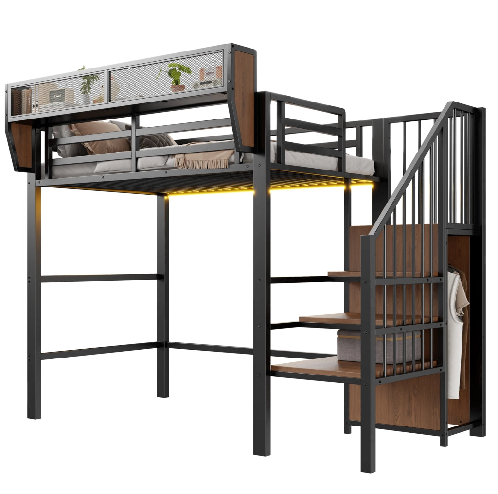 Letto a soppalco 90x200 cm con LED e scala di sicurezza in metallo nero