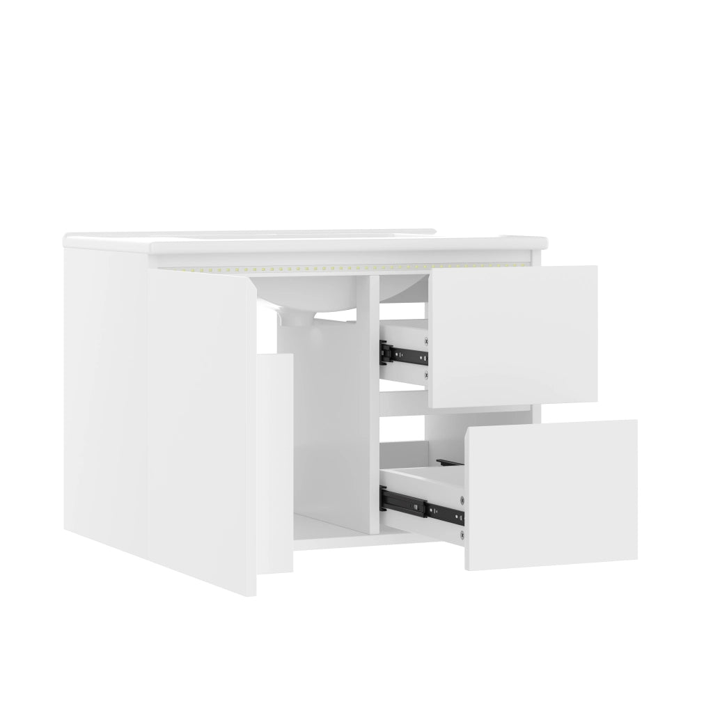 Mobile bagno sospeso 76x46x50 cm con lavabo in ceramica, 2 cassetti, illuminazione LED a sensore radar, bianco