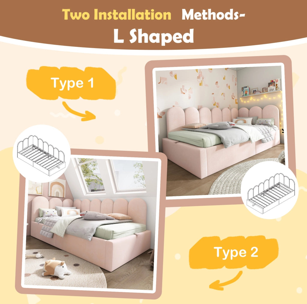 Letto da giorno 90x190 cm in velluto rosa con contenitore e rete idraulica