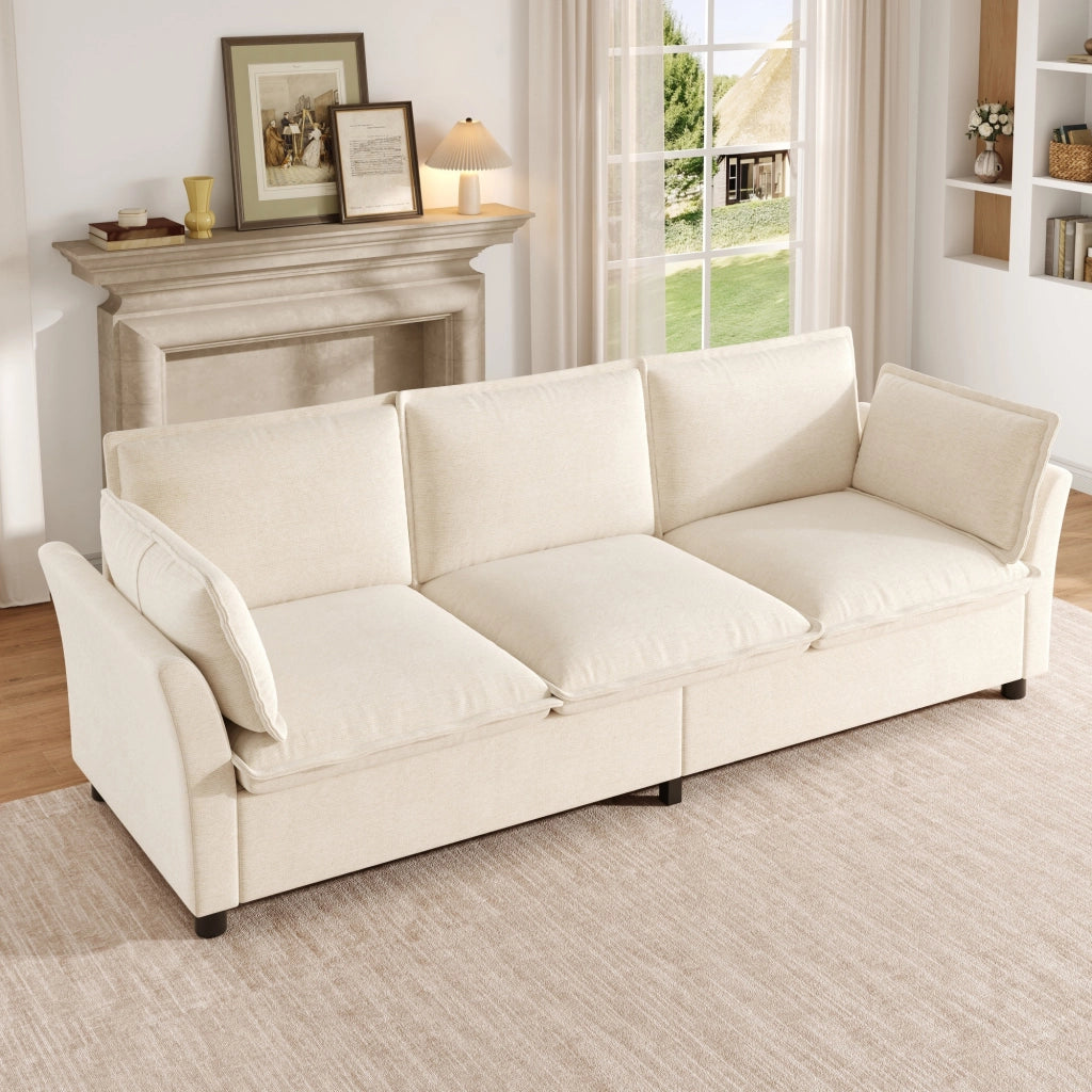 Divano 3 posti modulare con seduta ampia e cuscini per braccioli, struttura in metallo, in chenille beige