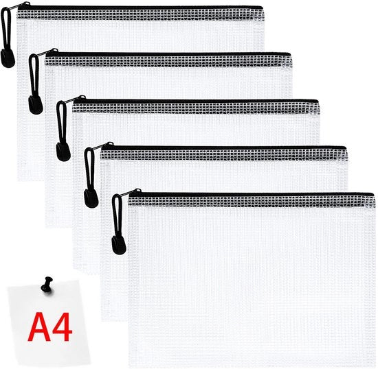 Documenti A4 con cerniera, 5 sacchetti di plastica con cerniera, documenti impermeabili, borsa con cerniera, tasche per portafoglio, rete di plastica per documenti