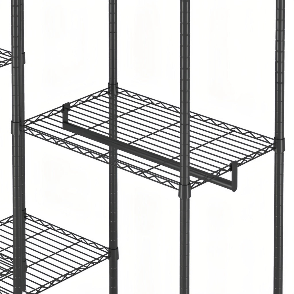 Porta abiti freestanding nero in metallo con 8 ripiani a griglia e 5 aste appendiabiti