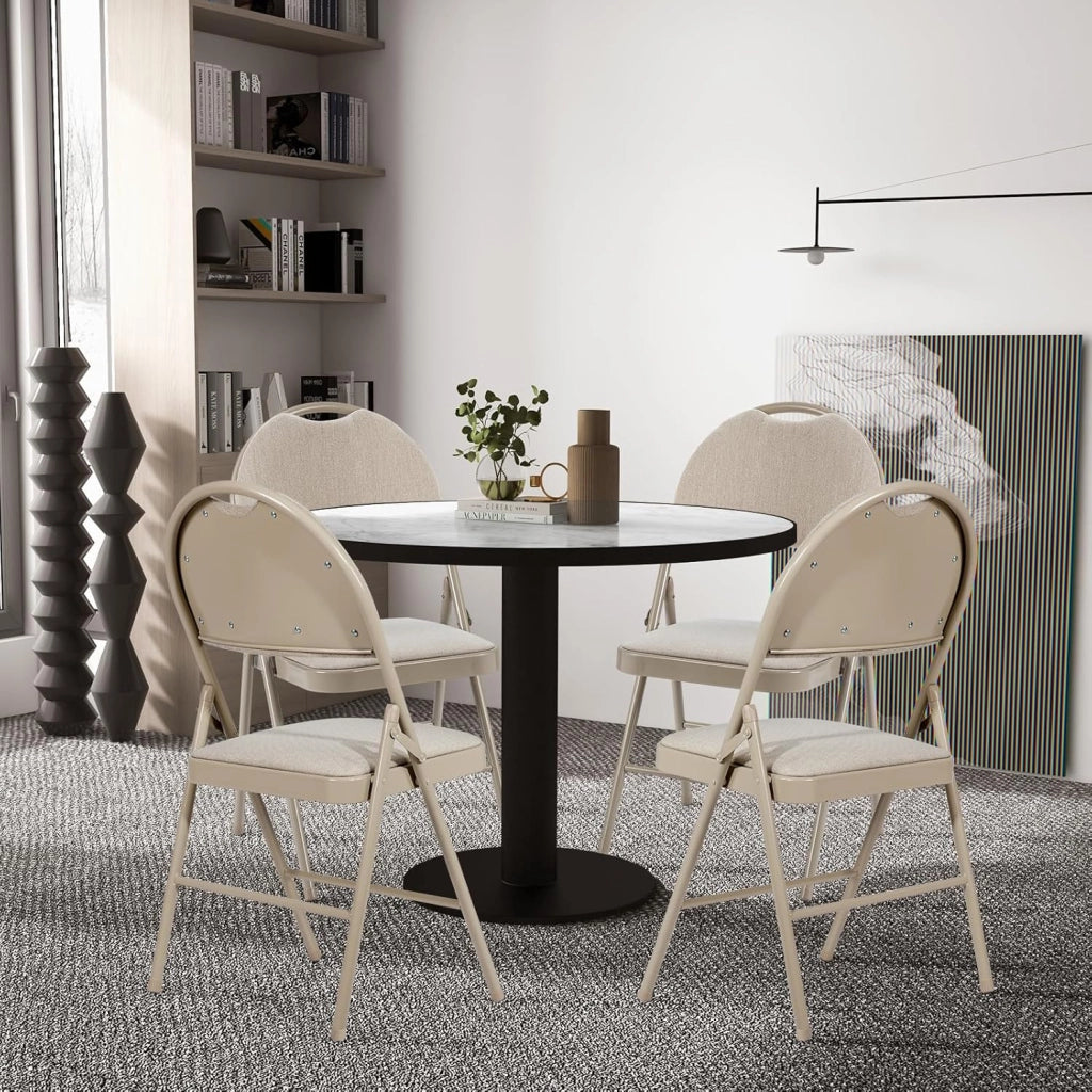 Set di 4 Sedie Pieghevoli, Sedie da Pranzo con Seduta Imbottita e Schienale Rivestito in Tessuto, con Gambe in Metallo, Sedia Portatile per Soggioro, Ufficio, Portata 120 kg (Beige)