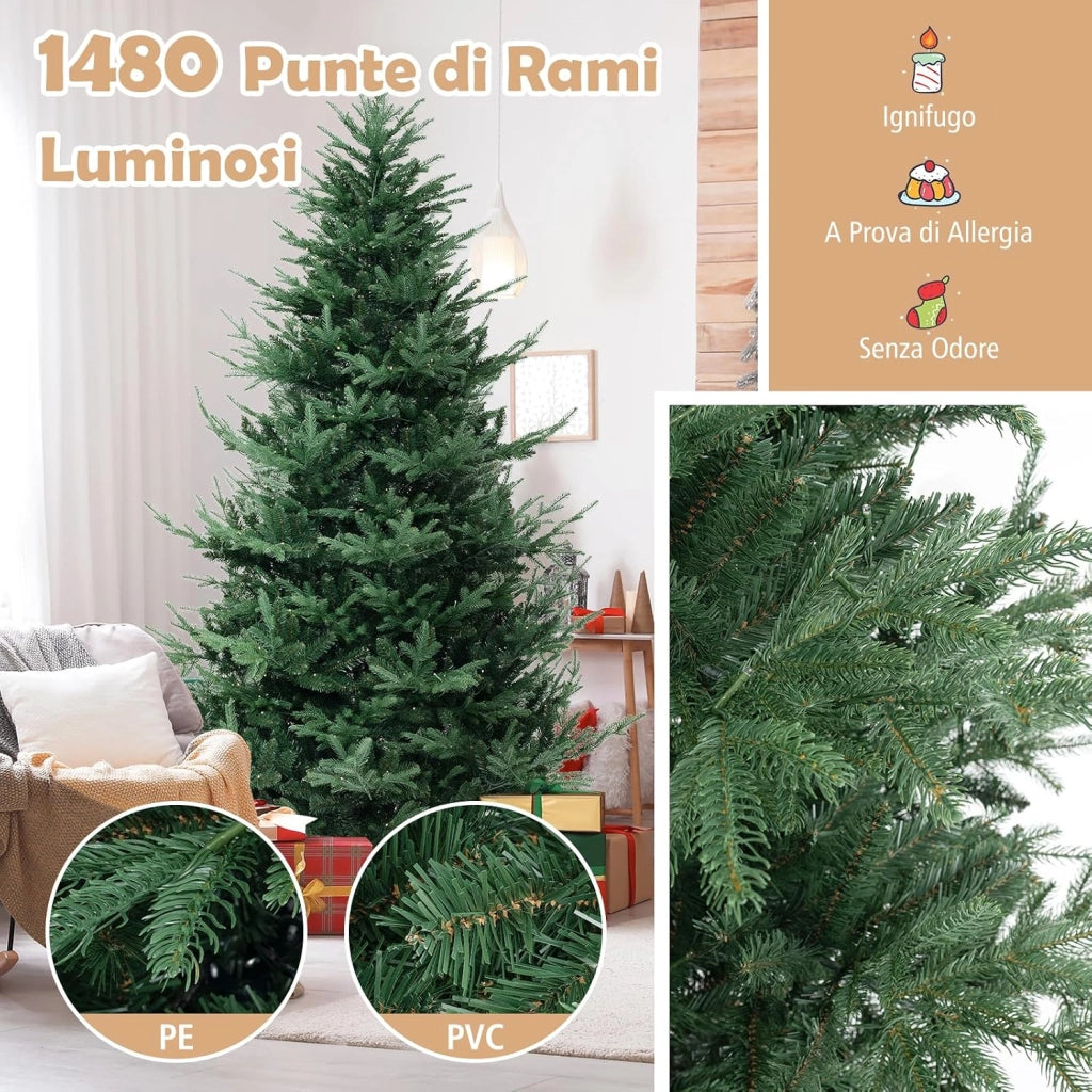 Albero di Natale Artificiale 135/180/210/240 CM, Albero di Natale con 160/240/340/450 Luci LED Bianche Calde, 442/778/1090/1480 Punte di Rami e Foglie Miste in PE & PVC (240 CM)