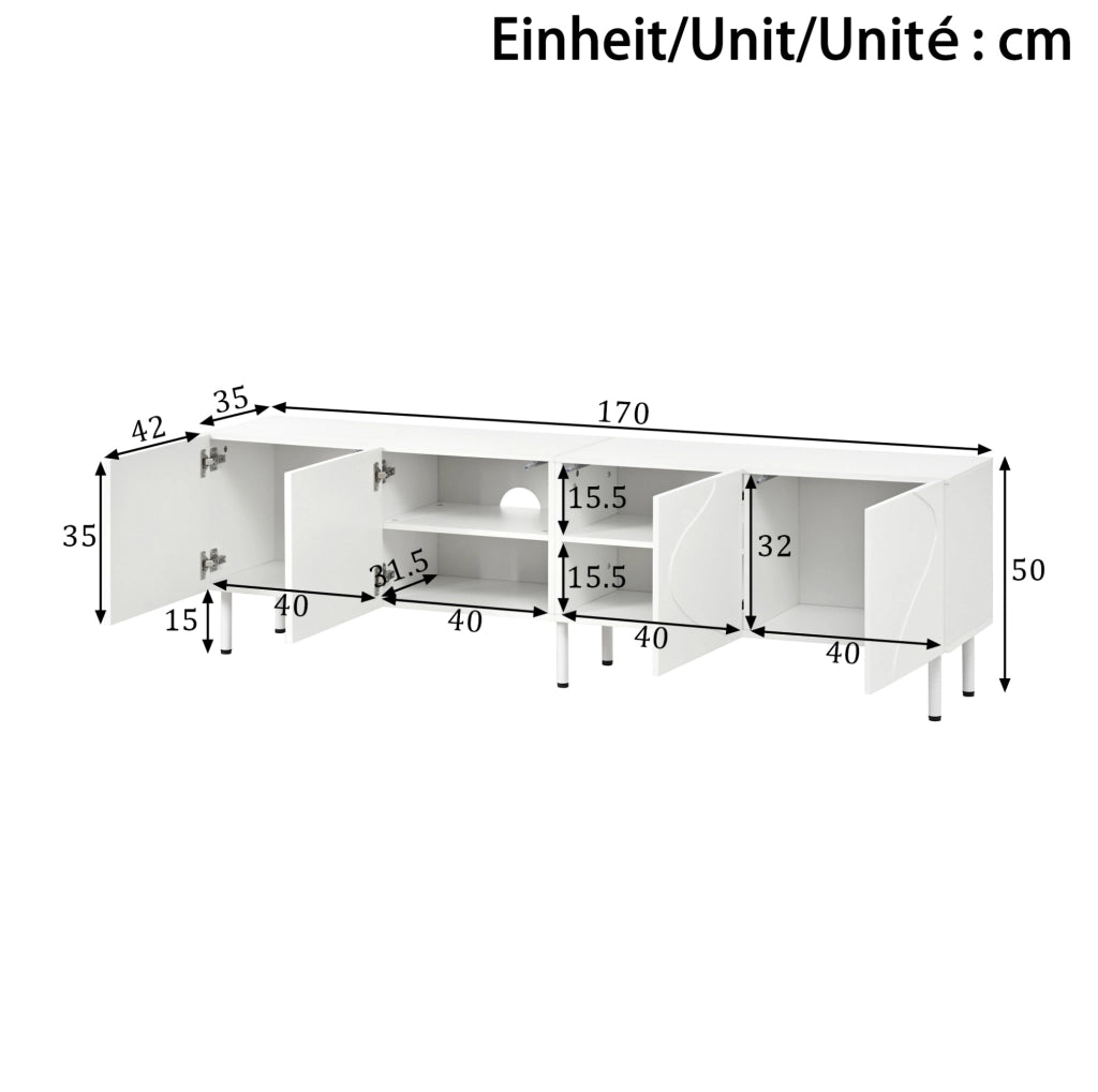 Mobile TV 170x35x50 cm con 4 ante e push-to-open in PB e MDF bianco
