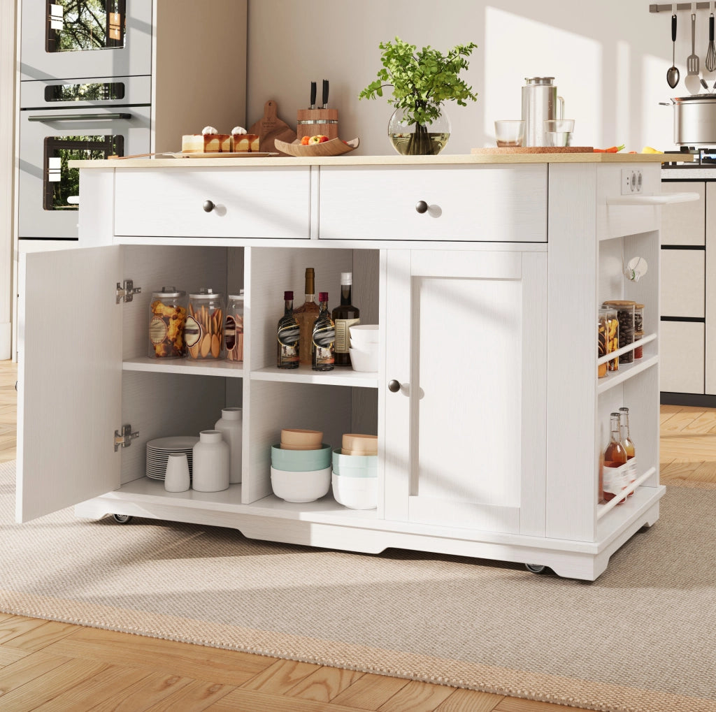 Isola cucina 151,5 x 84,7 x 91,7 cm bianca e legno, presa integrata