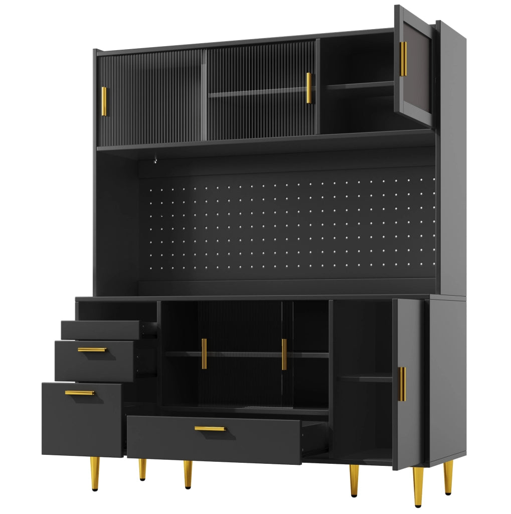 Buffet 140x40x180 cm con illuminazione LED e ante scorrevoli in vetro; MDF; nero