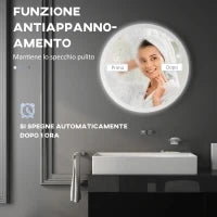 kleankin Specchio Bagno LED Antiappannamento con 3 Colori e Luminosità Regolabile, in Metallo e Vetro, Ø70x3 cm