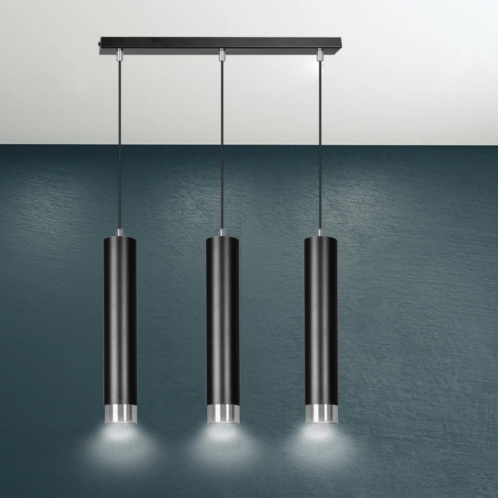 Lampadario 3 Luci Brunilde In Acciaio Nero E Tubolari In Nero E Cromo