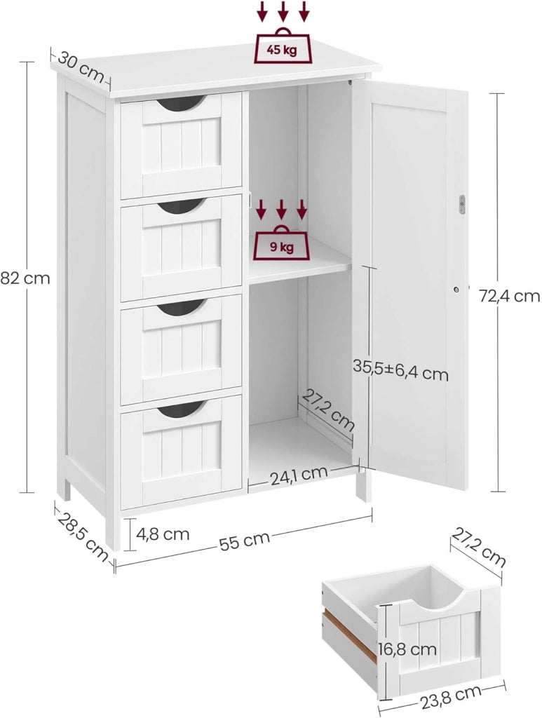 VASAGLE Mobile da Bagno, Armadietto Autoportante, Mobiletto in Legno con 4 Cassetti e Anta, Ripiano Regolabile, per Soggiorno, Cucina, Corridoio, Bianco LHC41W