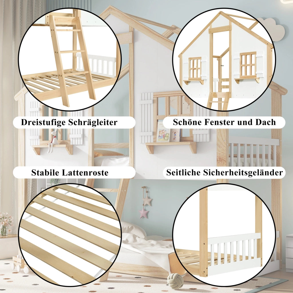 Letto a castello per bambini con scala inclinata, finestre decorative e sponde di sicurezza