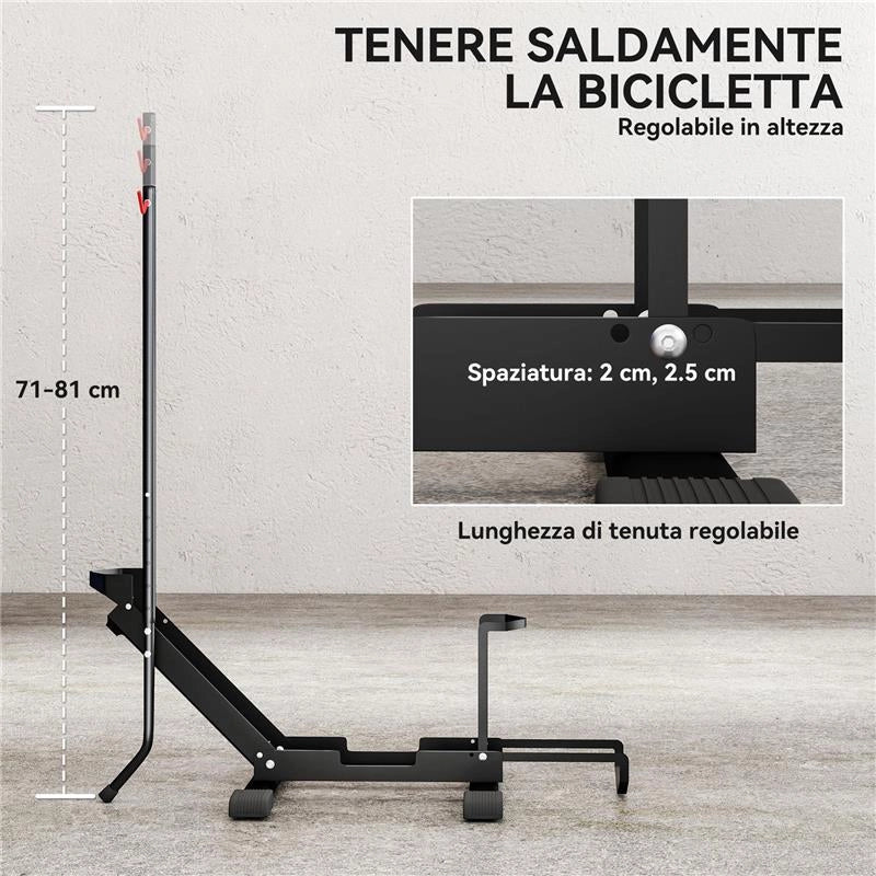 RASTRELLIERA PER BICI REGOLABILE CON TUBO DI SUPPORTO, IN ACCIAIO E PLASTICA, 75X41X71-81 CM, NERO
