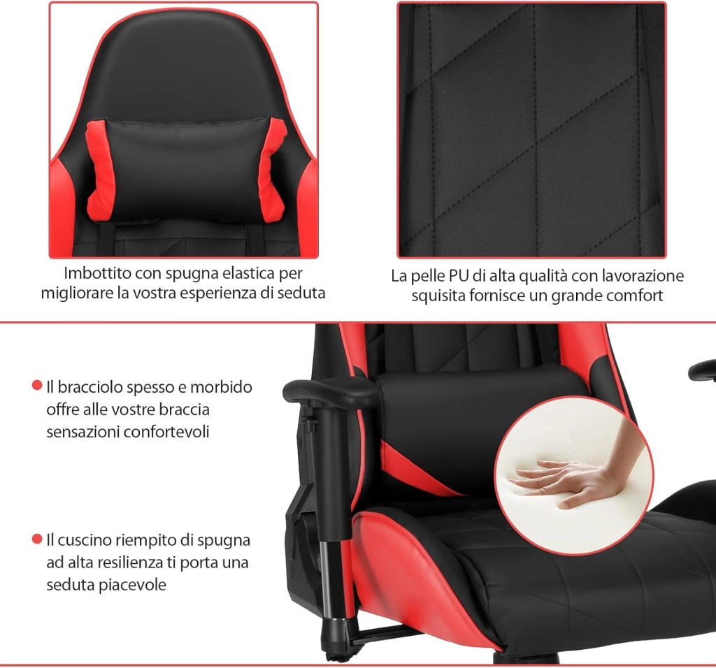 Sedia da Gaming Girevole a 360°, Sedia Ergonomica per Computer per Gaming con Poggiatesta e Cuscino Lombare, Angolo Reclinabile Regolabile (Rosso)