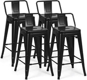 Set di 4 Sgabelli da Bar da 62 cm, Impilabile Sedie da Cucina Alto, in Metallo, con Schienale Rimovibile, Poggiapiedi, Design Industriale (Nero)