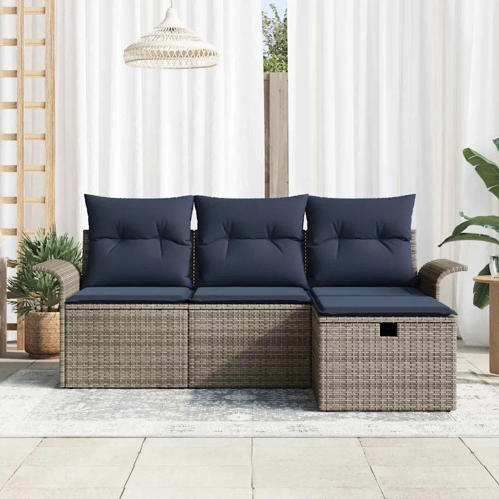 Set Divano da Giardino 4 pcs Grigio e Blu Navy polyrattan