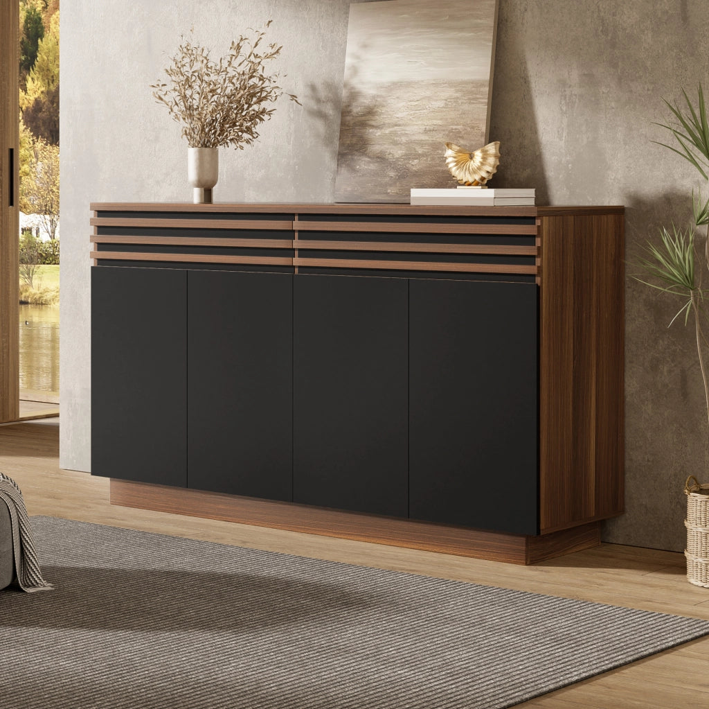 Sideboard 150x40x85 cm in MDF effetto legno marrone e nero; 2 cassetti e 4 ante