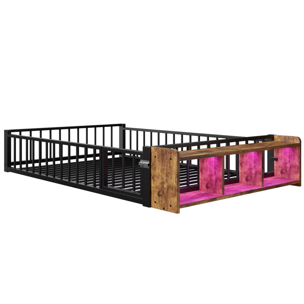 Letto singolo 140x200 cm in metallo e MDF con sponda di sicurezza; vano a giorno e LED; nero