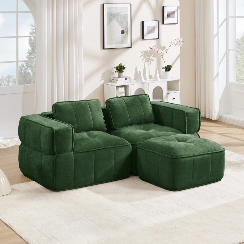 Divano modulare con pouf in poliestere verde; 198 x 162 x 67 cm