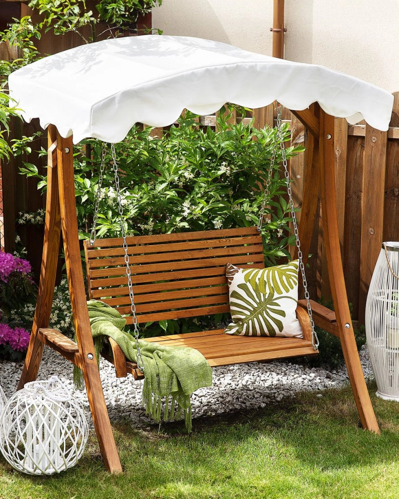 Dondolo da giardino con struttura in legno di larice in tessuto bianco da esterno a 2 posti con baldacchino autoportante
