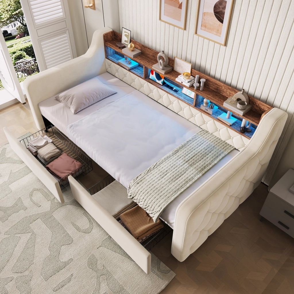 Letto imbottito singolo 90×190 cm con 2 cassetti; LED; USB; Type-C e testiera con ripiani; senza materasso