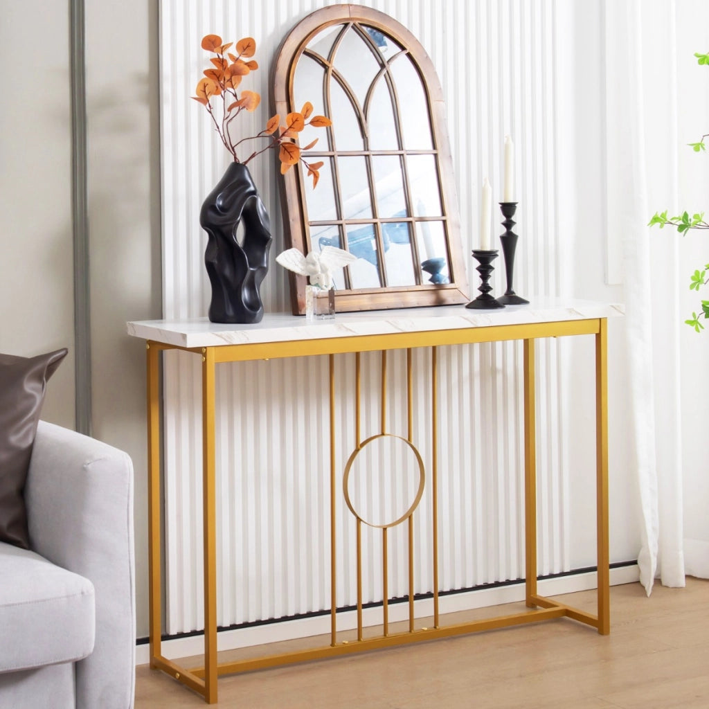 Tavolo console da 120cm con piano effetto marmo e struttura in metallo, Tavolo moderno con cornice dorata Bianco-Consolle