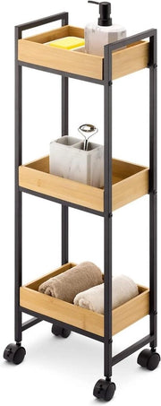 Cassettiera da bagno su ruote - Scaffale in bambù con tre ante - Mobiliato da soggiorno per bagno - Trolley in bambù e metallo - Stile moderno