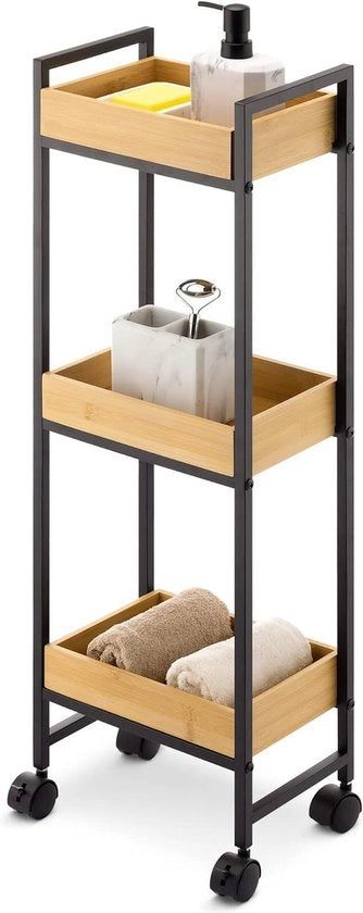 Cassettiera da bagno su ruote - Scaffale in bambù con tre ante - Mobiliato da soggiorno per bagno - Trolley in bambù e metallo - Stile moderno