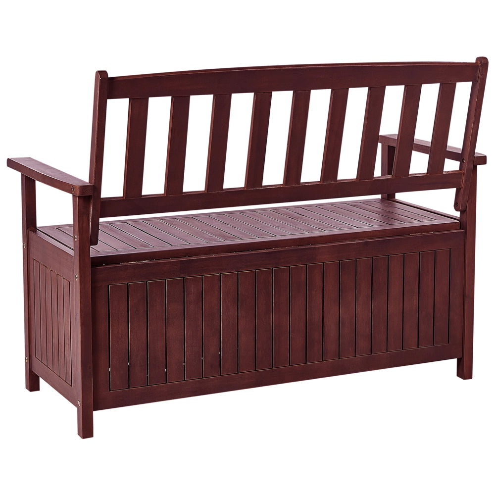 Panca da Esterno con Contenitore in Legno Massello di Acacia 2 Posti 120 cm Rosso Mogano e cuscino grigio