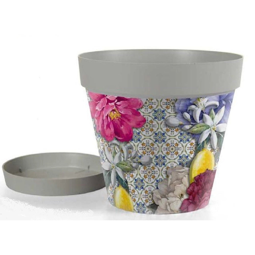 Trade Shop - Vaso Giardino Con Sottovaso In Plastica Decoro Isola 26x23cm Piante Fiori 845376 -