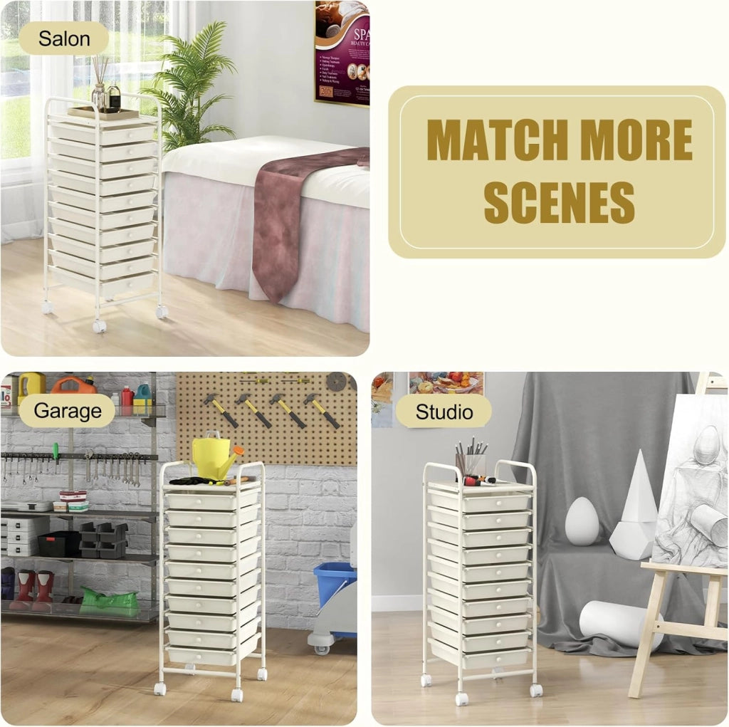 Carrello Portaoggetti con 10 Cassetti, Telaio in Metallo e Struttura in Plastica, 4 Ruote di cui 2 con Freno, Organizer Multiuso per Ufficio, Cucina e Bagno, 33 x 37 x 86 cm