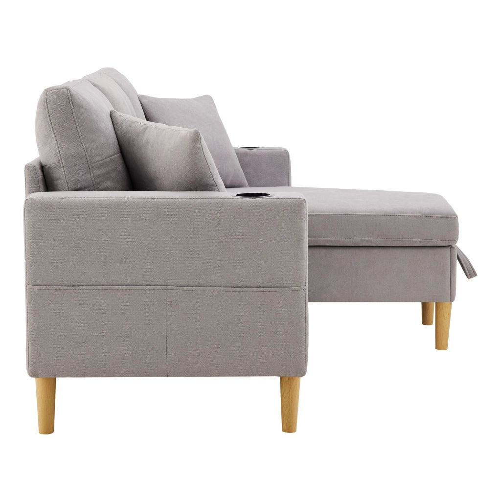 Divano Angolare con Chaise Longue 3 Posti con Contenitore; Portabicchieri e 2 Cuscini in Cotone Lino Grigio Chiaro