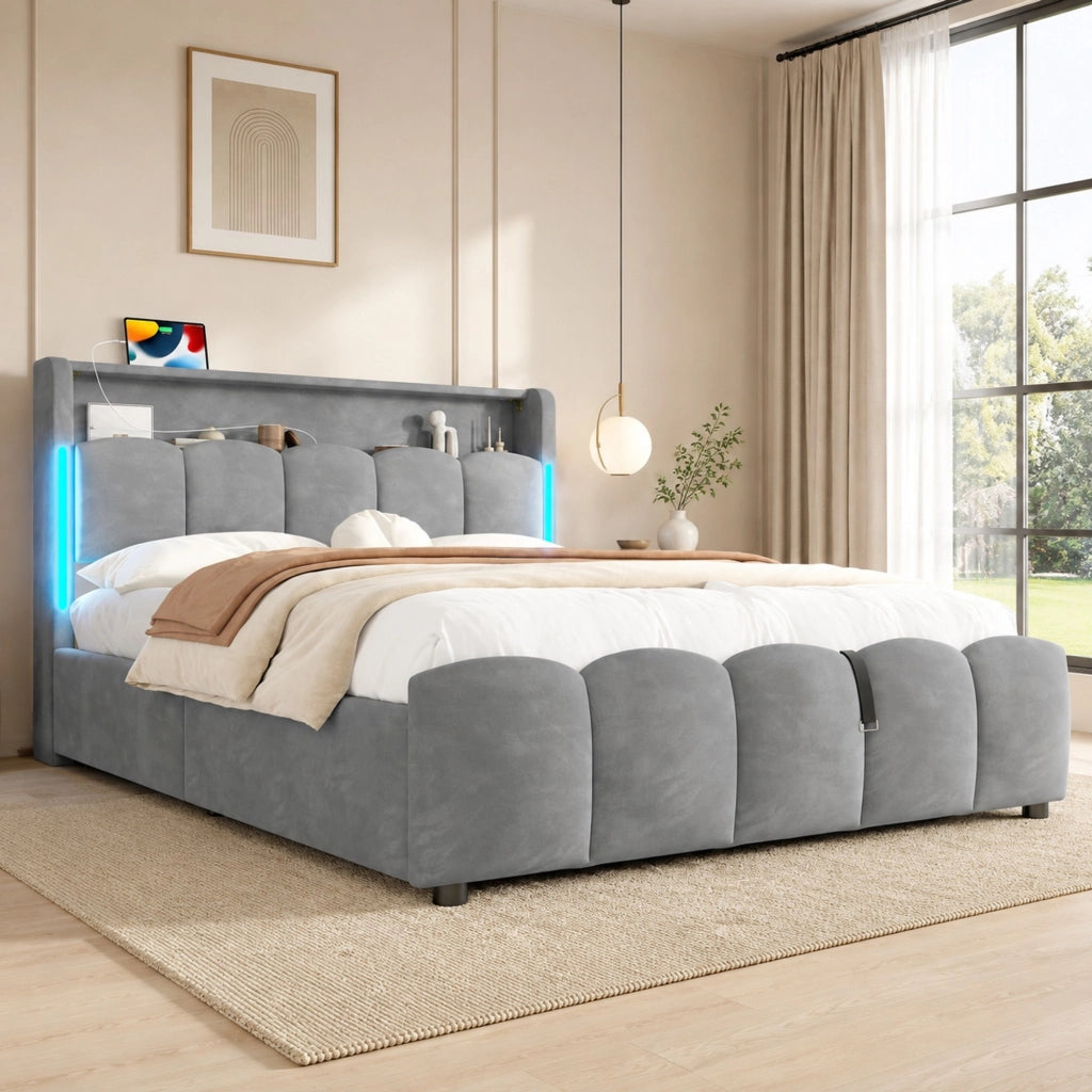 Letto imbottito 140x200 cm in velluto grigio con LED e USB