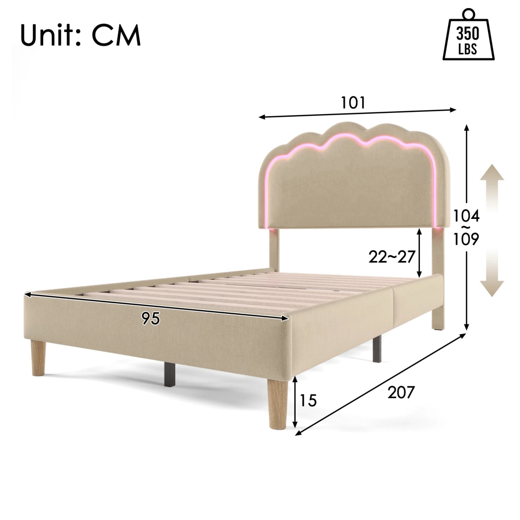 LETTO imbottito LED 90x200 cm beige con testiera regolabile