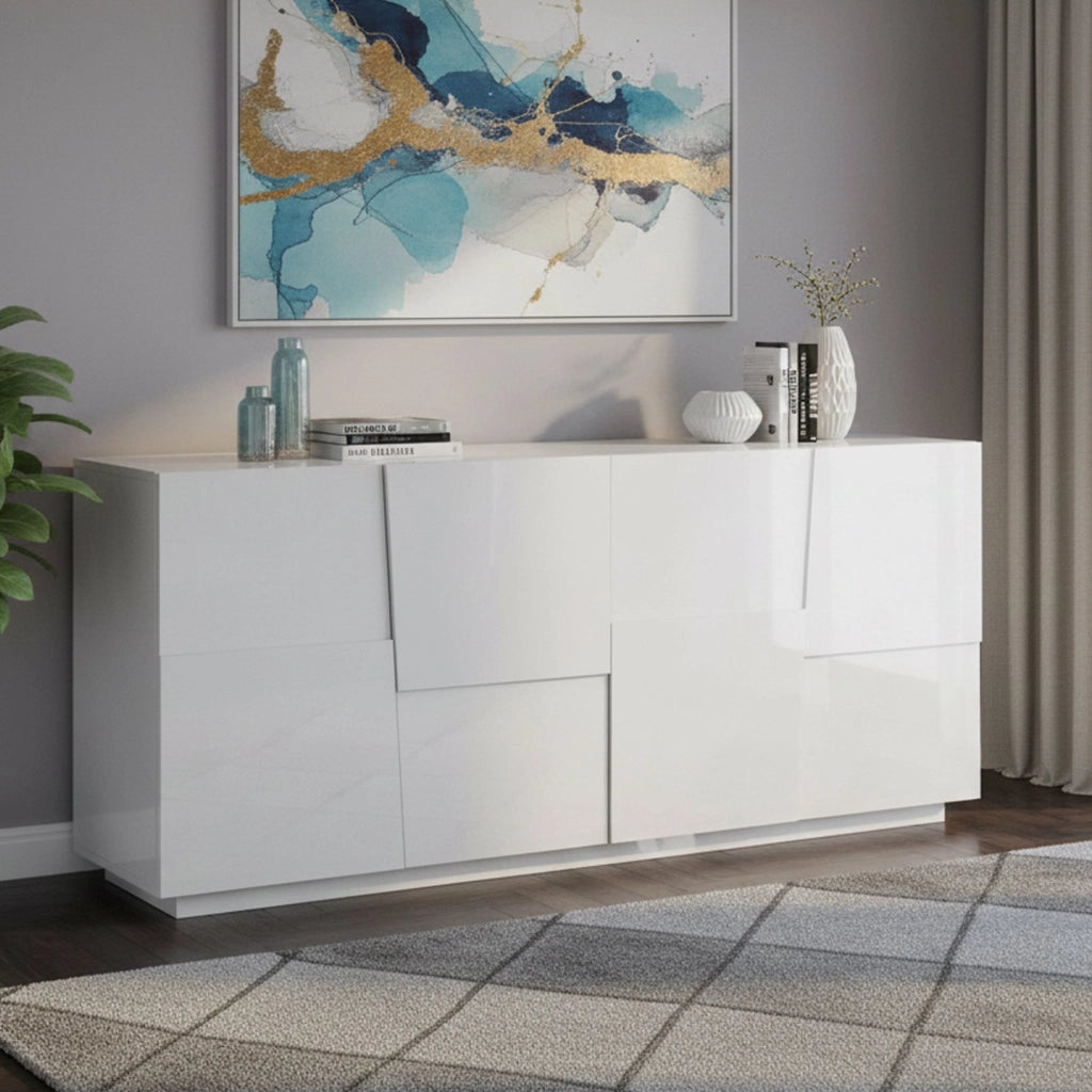 Credenza Arda, Buffet da soggiorno, Madia da salotto moderna con 4 ante, 200x44h86 cm, Bianco lucido