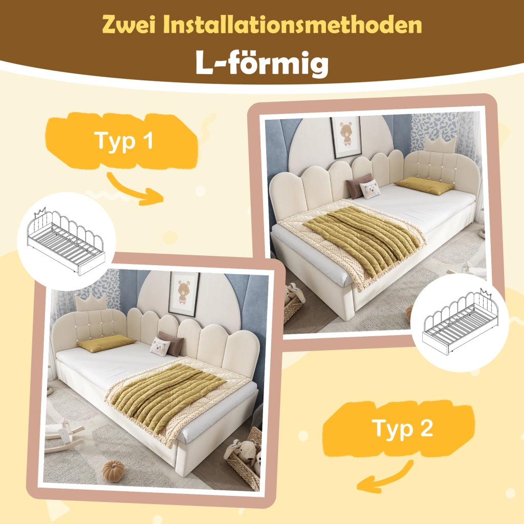 Divano letto 90x200 in velluto beige estraibile 90x190 forma L design a corona