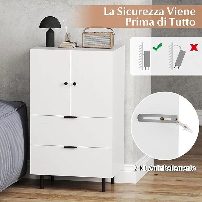 Credenza da Cucina, Armadio a 2 Ante con Cassetti e Mobile Contenitore, Mobile Cucina da Pavimento con Gambe in Metallo per Soggiorno e Appartamento, 60 x 41,5 x 102 cm (Bianco)