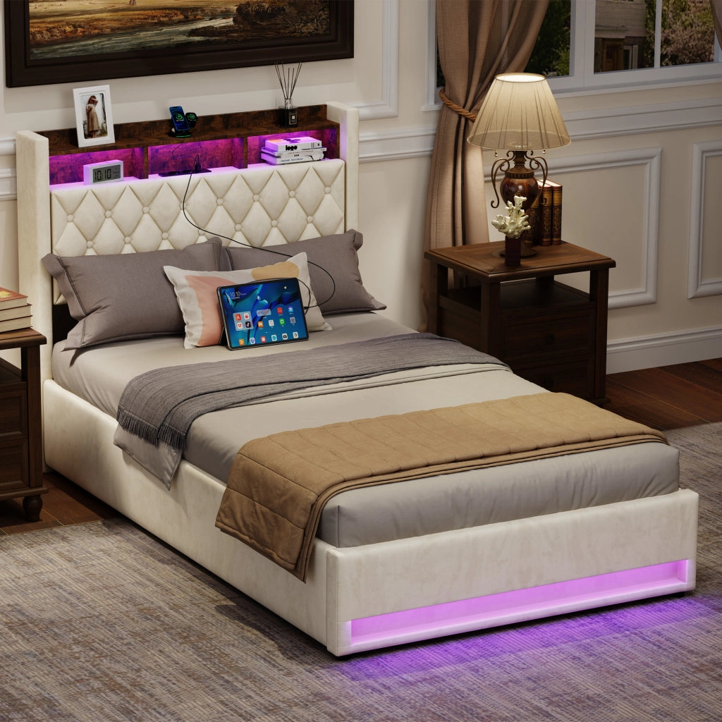 LETTO Imbottito 140 x 200 cm in Velluto Beige con Base a Doghe
