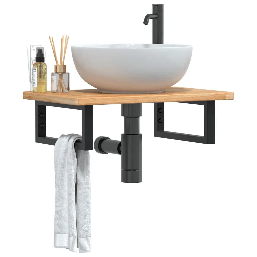Ripiano a Parete per Lavabo-Mensole a Muro in Acciaio e Massello di Rovere 388703